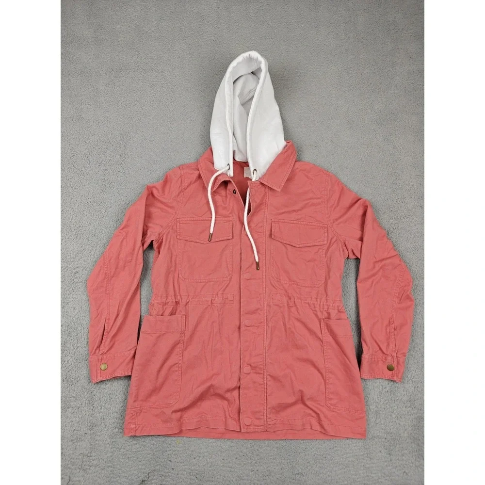 Caslon Jacket Womens XL Pink Hooded‎ Anorak Utility Twill Drawstring Pockets